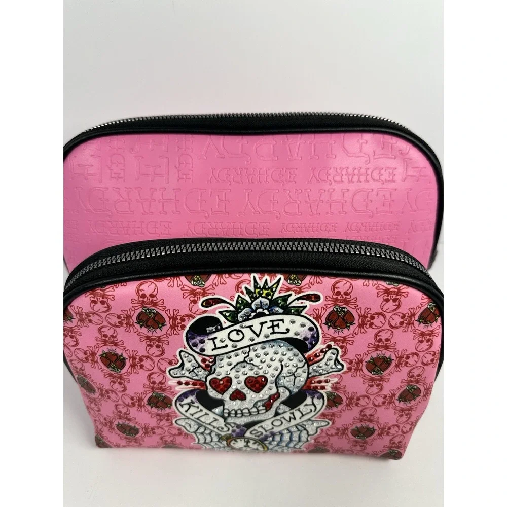 Ed Hardy Pink Skull Heart 2PC Cosmetic Bag Set Rhinestone Makeup Bags NWT